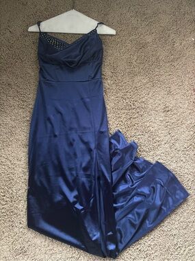 Windsor Navy Satin Cowl Neck Prom Dress with Embellished Straps